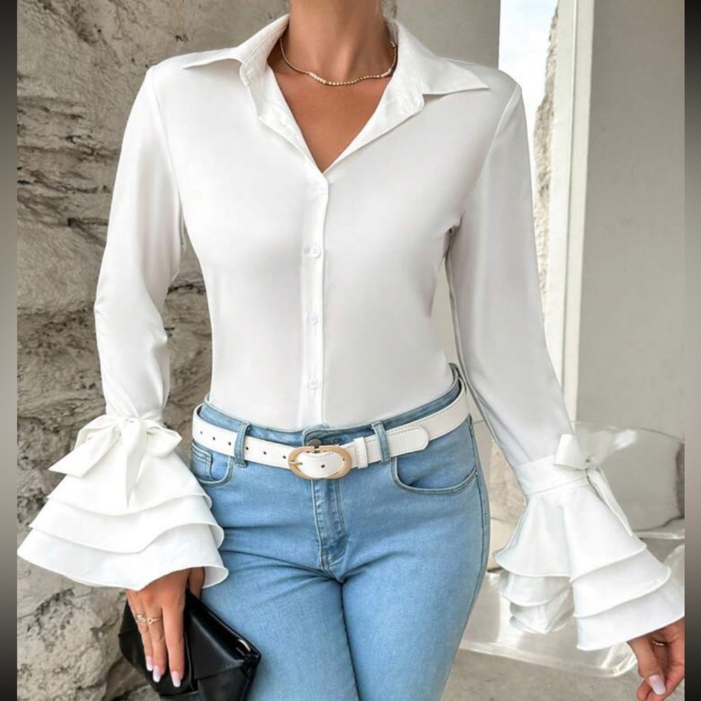 Classic Elegant Ruffle Sleeve Button Down Shirt Top Blouse - Picture 1 of 6